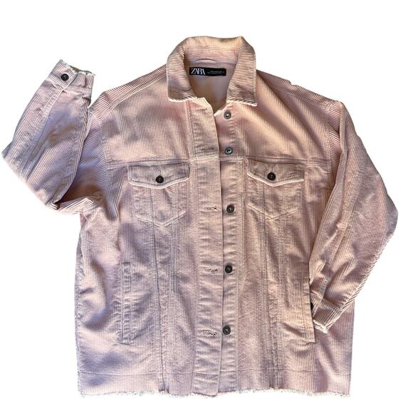 ZARA Pink Corduroy Jacket Women’s M Oversized Button Front Shacket 100% Cotton - Picture 3 of 5